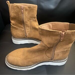 Tan Suede Ankle Boots with White Soles